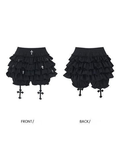 Built-in Charms Shorts Skirt Tiered Cross Black with Halloween Gothic