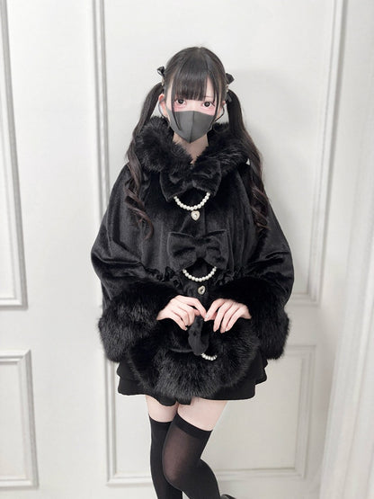 Bow Hooded Kei Bead Black with Cape Chain Jirai Furry Decor