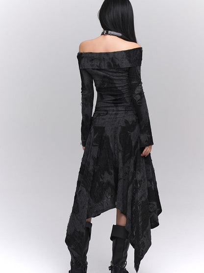 Hem Black Off-Shoulder with Bell Sleeves Dress Gothic Asymmetric Gray