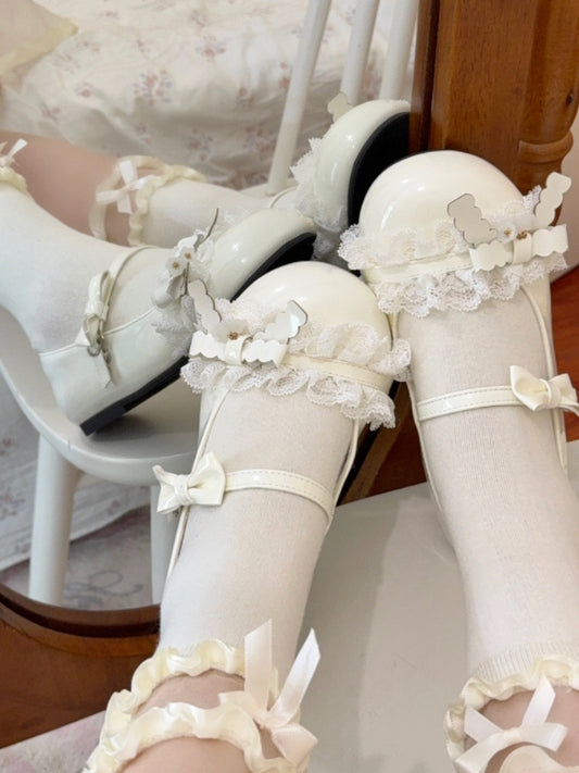 Delicate Sweet Flats PU Leather Lolita Off-white Ruffled in with