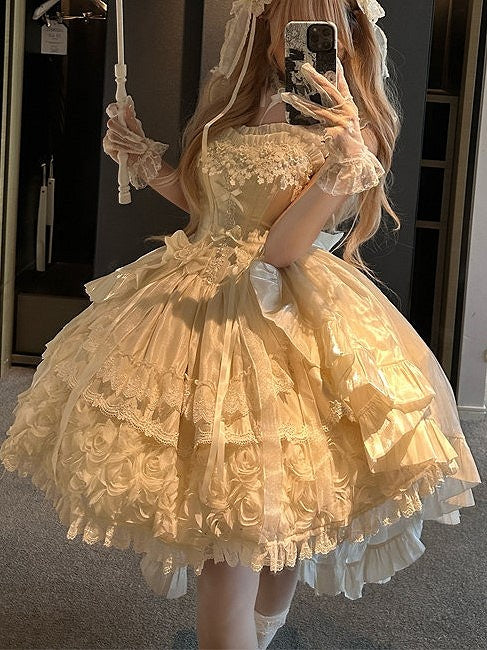 Blooming Hime Layered Lace Dress Lolita Accents Flower with Fluffy Champagne Waist Basque