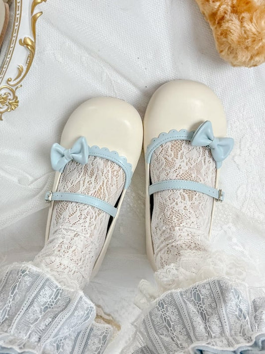 Flat Hem Bow Round - Shoes Lolita Toe with Scalloped Beige Blue