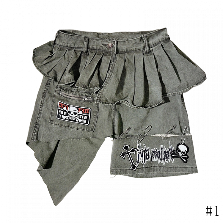 Asymmetrical Skeleton Graphics Cross Skirt Gray Denim and with