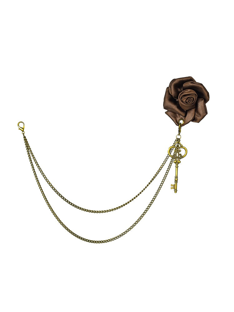 Brown Antique Brooch Rose Chains Gold Punk with Key Double Vintage