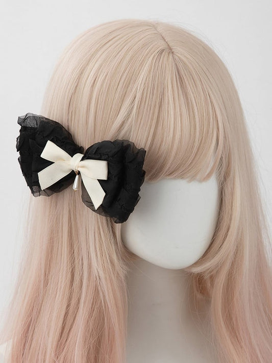 shaped Droplet Bead with Beige Charm Black Sweet Ruffled Hairclip Bow Lolita