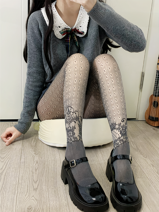 ブラック Y2K 花柄 くり抜きタイツ