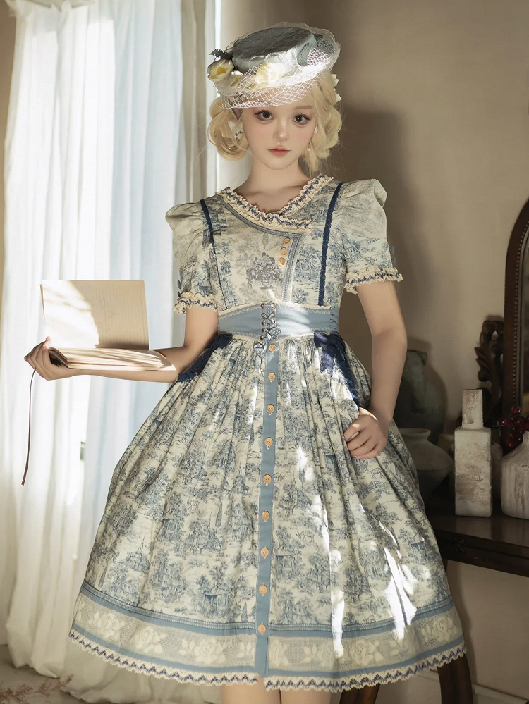 Blue Cabins in the Forest Front Button Placket Skirt Short Sleeves Lolita Dress