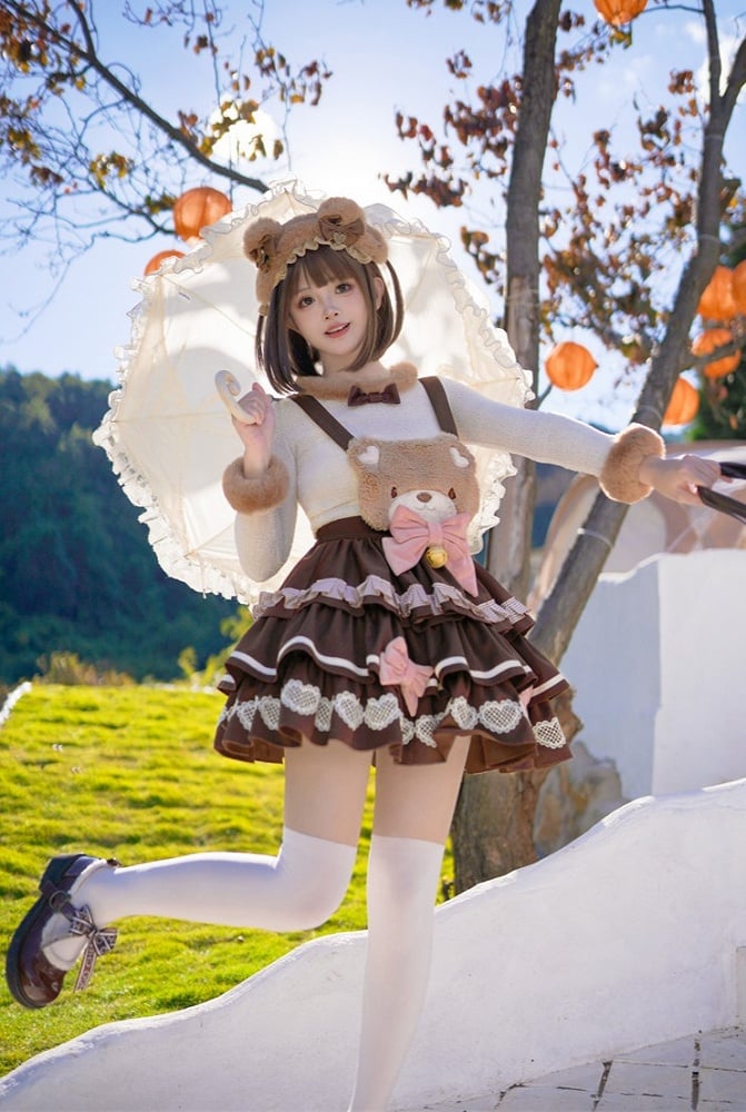 Patch Bear Overall Brown Sweet Skirt Tiered Detachable with