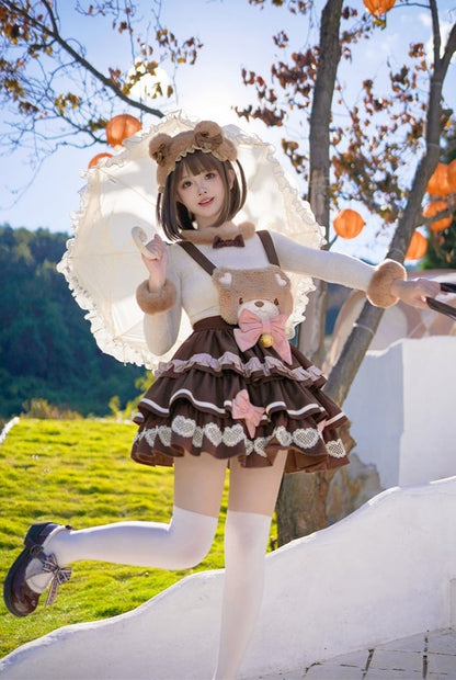 Patch Bear Overall Brown Sweet Skirt Tiered Detachable with