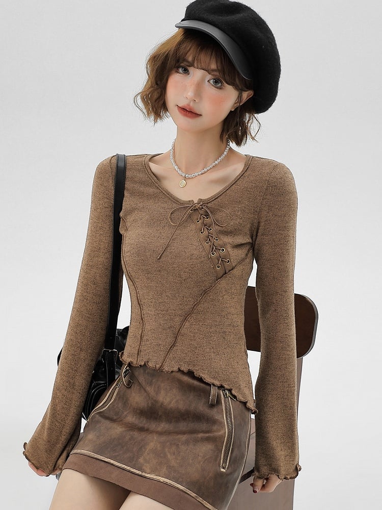 Brown Ruffle Trim Long Sleeve T-Shirt with Lace-up Details - Girlyhalo
