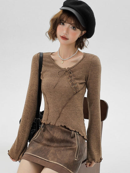 Brown Ruffle Trim Long Sleeve T-Shirt with Lace-up Details - Girlyhalo
