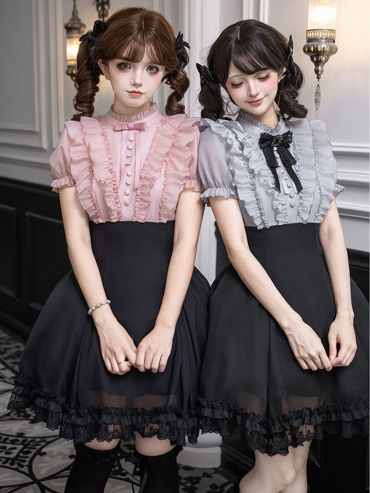Pink Ruffled Blouse & Black Short Skirt Fake Two Pieces Lolita Dress - With PUJI