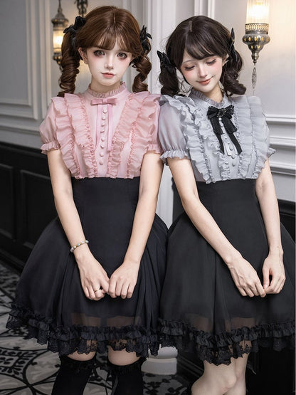 Pink Ruffled Blouse & Black Short Skirt Fake Two Pieces Lolita Dress - With PUJI