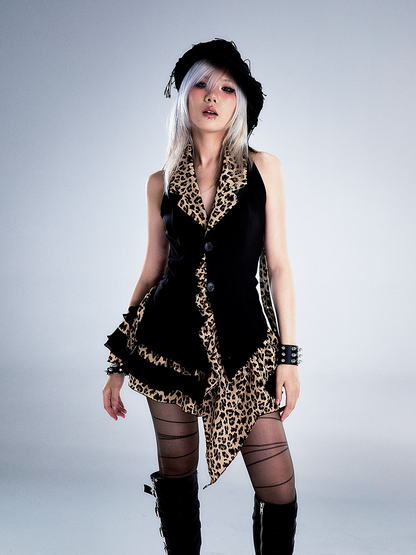 Hem Black Print Asymmetrical with Leopard Top Halter Ruffled Neck Vintage