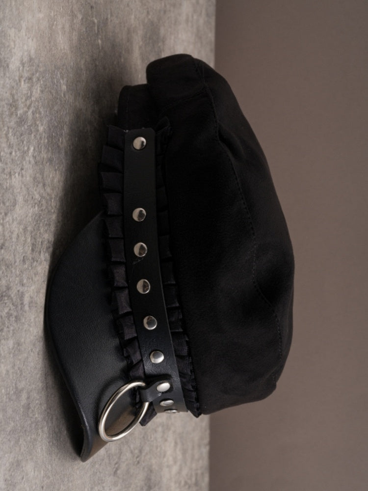 Black Studs Details Beret Gothic Trim Hat Ruffled
