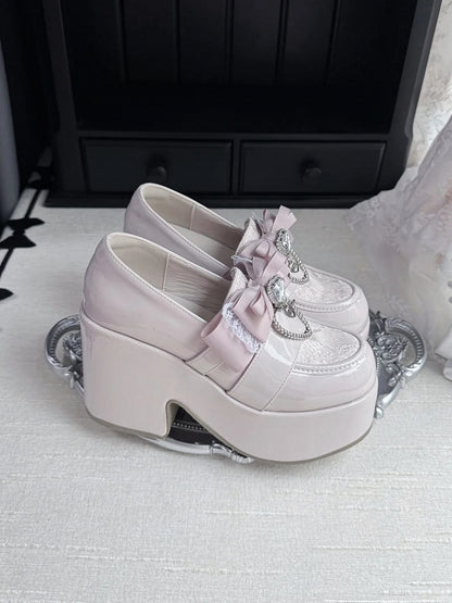 Bow Dusty Kei with 9.5cm Heel Jirai Shoes: Heart Platform Block Pink Top Rhinestone