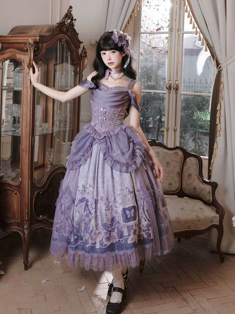 Skirt Elegant Purple and Classic Butterfly Top Waist Corset + Floral Boned Set Lolita Print