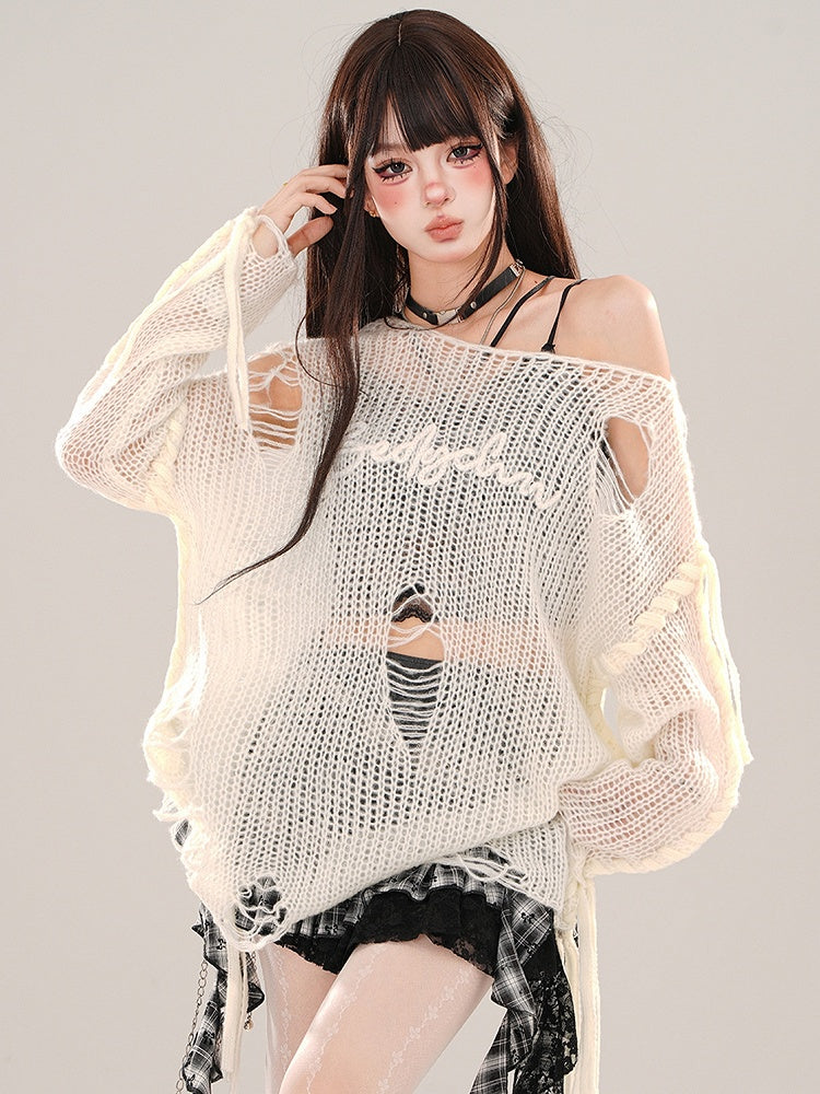 Gray and White Distressed Holes Asymmetrical Neckline Semi-sheer Knit Top