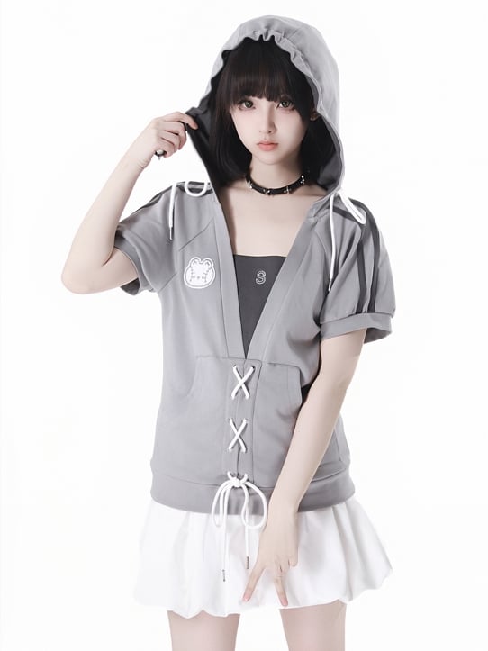 Grey Faux Two-pieces Hooded T-Shirt Lace-up Detail