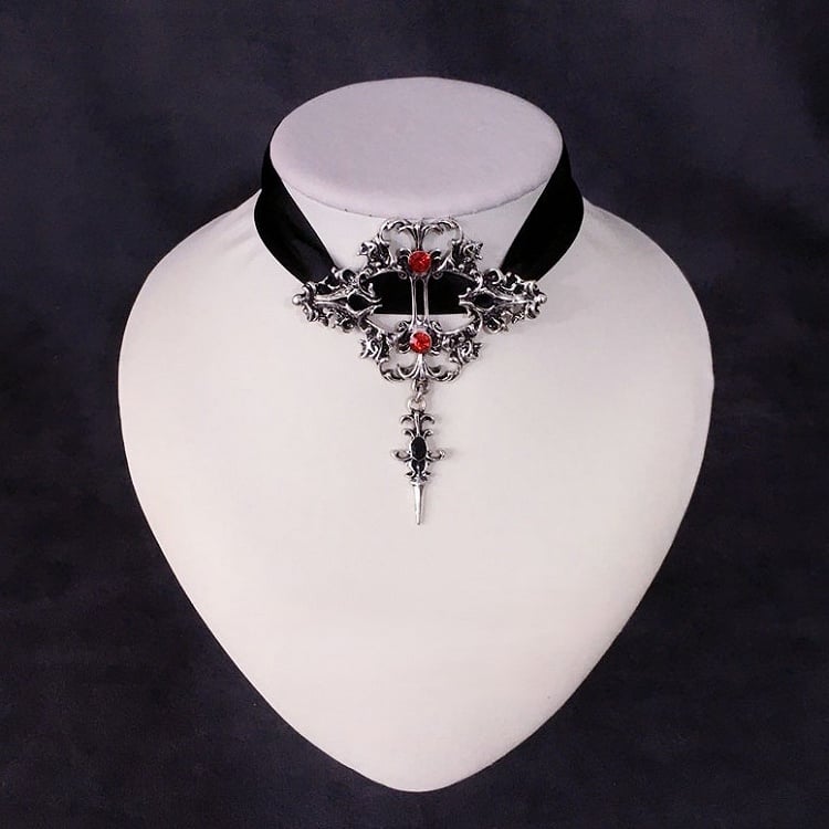 Choker Lace-up with Black Embellishments Gothic Pendant Rhinestone Cross