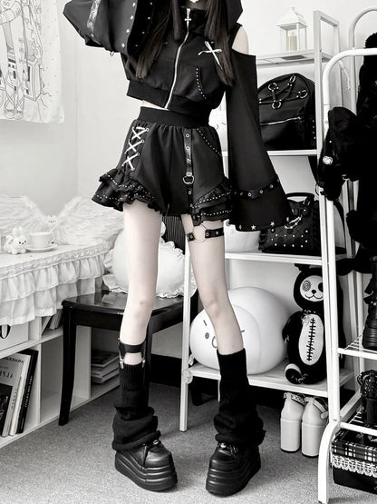 Matte Gothic Jirai-kei Black 2-Piece Set Cat Ear Hooded Cutout Shoulder Top + Shorts with Leg Garter - Bug Starting