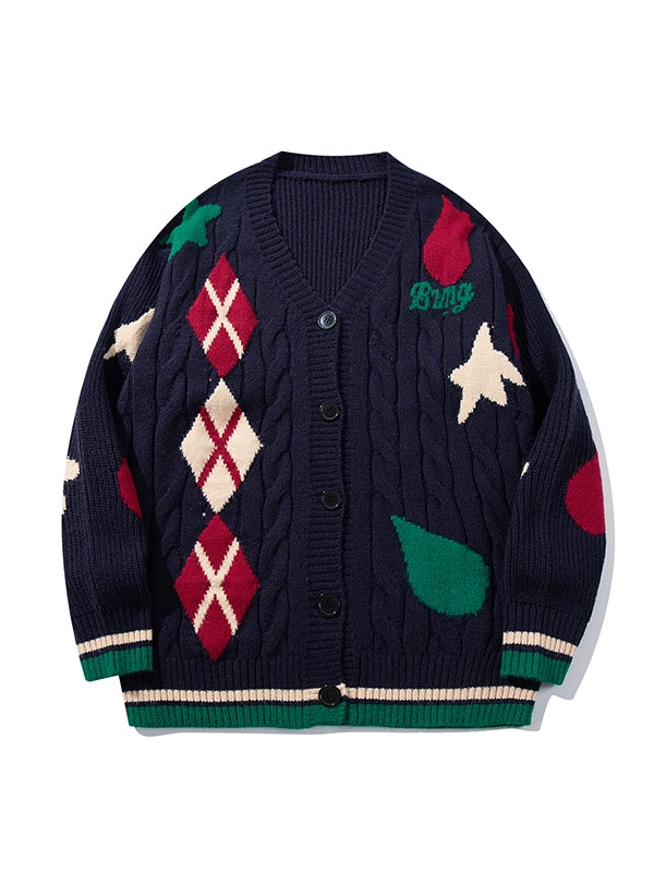 Christmas Milk White/Navy Blue Diamond Pattern V-neck Cardigan