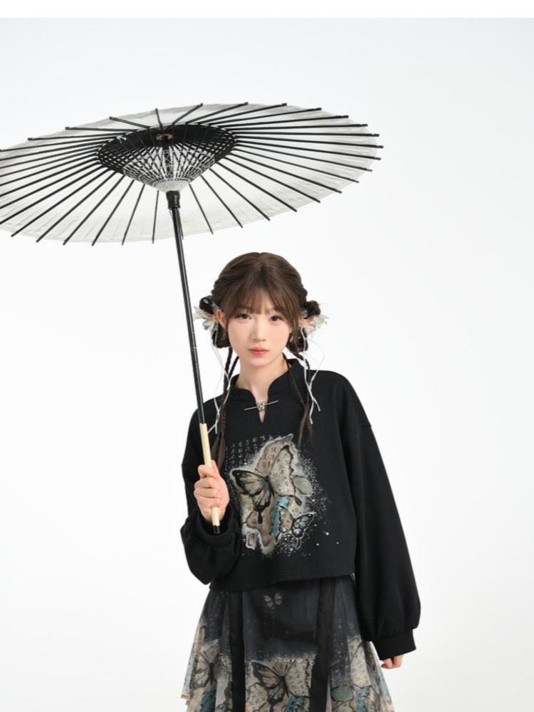 Gebänderter Sweatshirtkragen Schmetterlingsstil Cheongsam-Druck Schwarz/Apricot