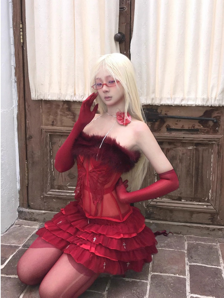 Gothic Red Cross Charms Tiered Tulle Skirt with Built-in Shorts