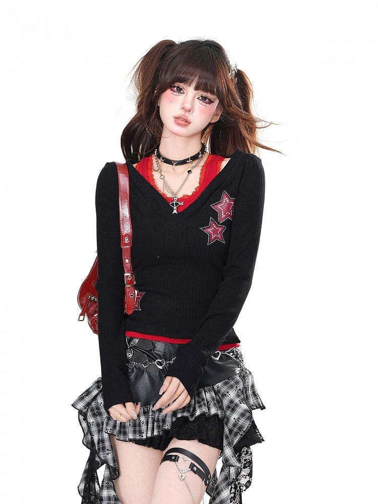 Black Blue/Black Red Rhinestone Star Glamorous Top