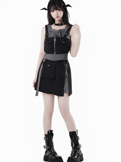 Buckle Strap Neckline Lace-up Side Gray Techwear Tank Top