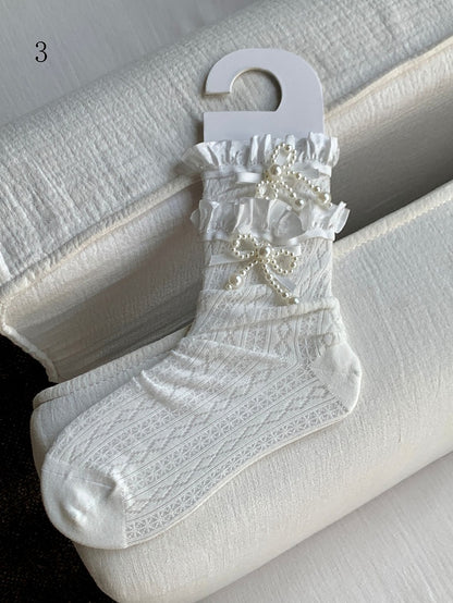 Decorated Lace Beaded White Bowknot Trim Socks