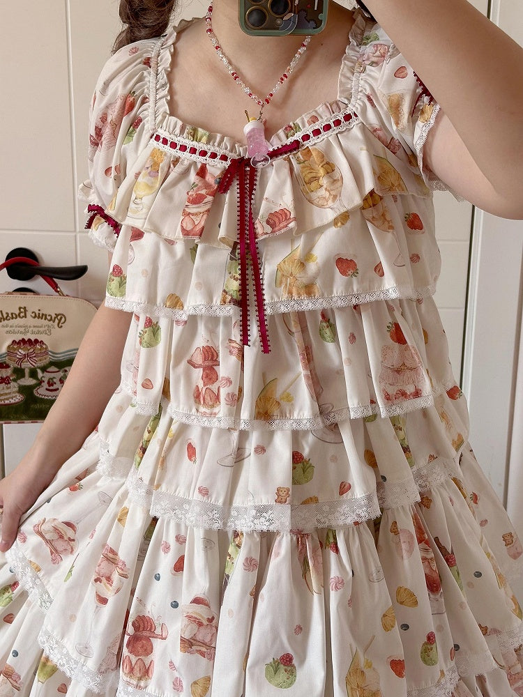 ショートパフェフルーツトップスリーブサマープリントクリーム