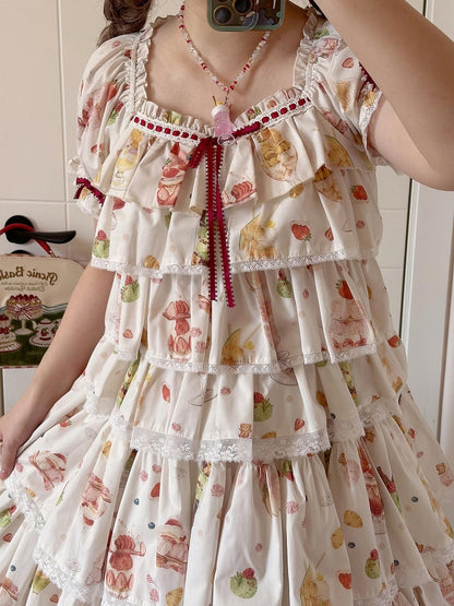 ショートパフェフルーツトップスリーブサマープリントクリーム