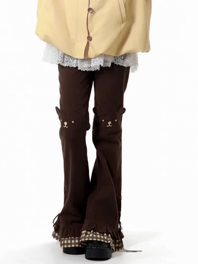 Silhouette Design Brown Details Bear - Pants Hem Lace-Up Flare Motif Tiered with