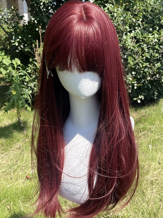 Himbeerrote lange glatte Kunsthaarperücke mit Pony