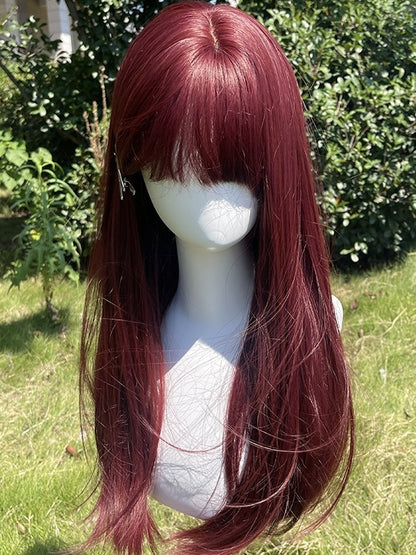 Himbeerrote lange glatte Kunsthaarperücke mit Pony