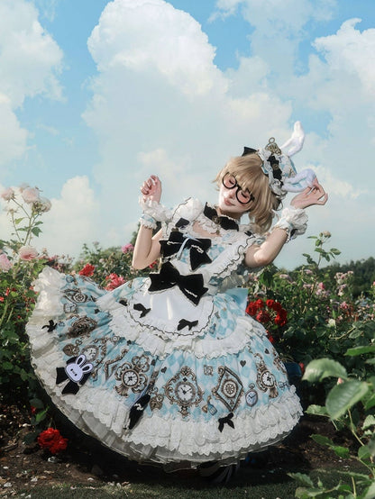 Blue White Alice Wonderland Sweet Lolita OP Dress Set - Untitled Heartbeat