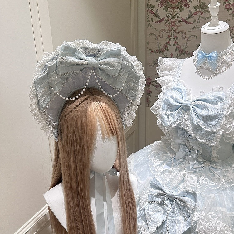 Lace-Trimmed Bow Bonnet in Blue or Pink with Beaded Chain Accent - White Sugar Girl