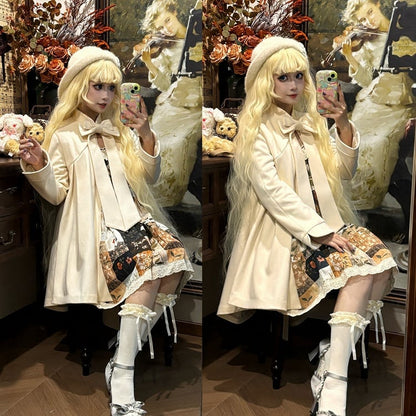 with High-Low Gothic White Lolita Pin Woolen Coat Bow