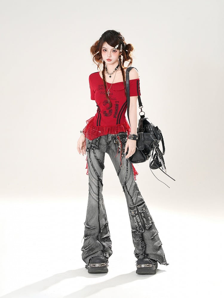 Wash Flared Jeans Cargotaschen Roher Saum Distressed Faded Schwarz