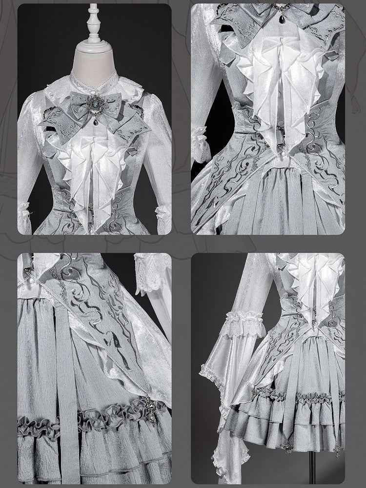 Grey Gothic Lolita Set Bell Sleeves Blouse with Corset Belt - Unknown Star