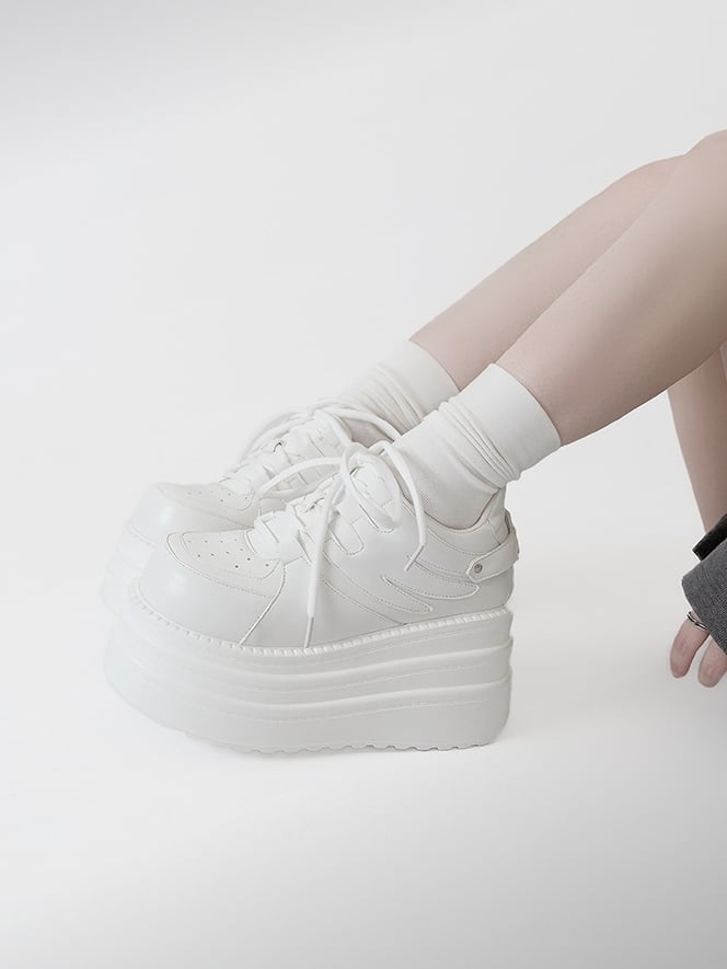 Lace-up Kei Platform White Closure Sneakers Jirai PU Design