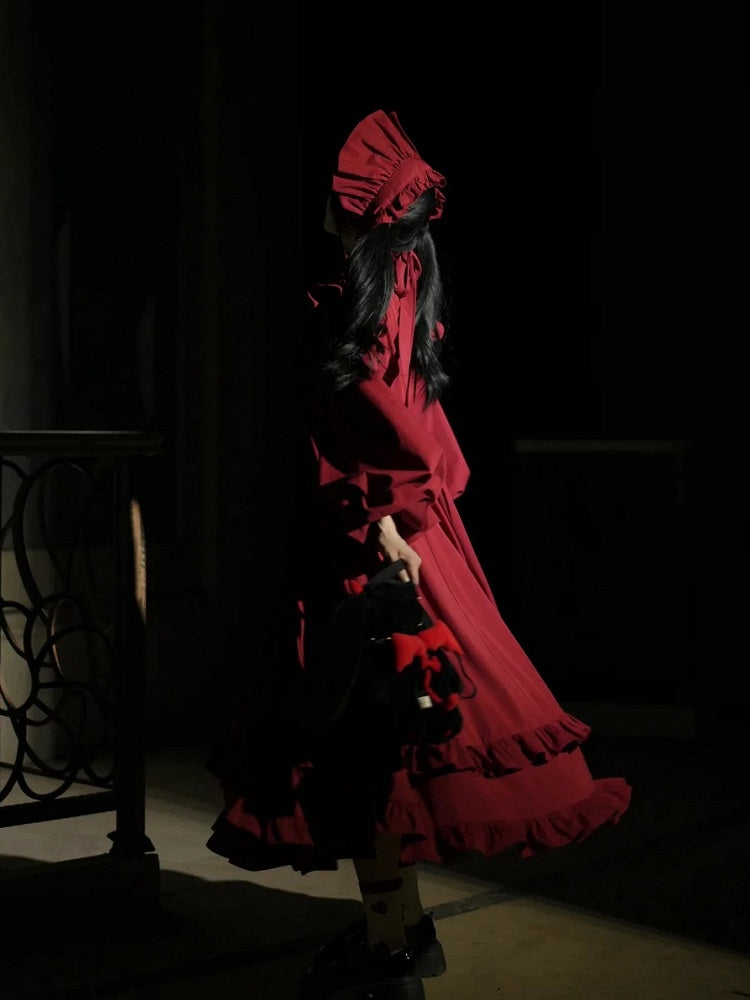 Red Gothic High Neck Ruffled Lolita Dress with Detachable Sleeves - Blossom Herald