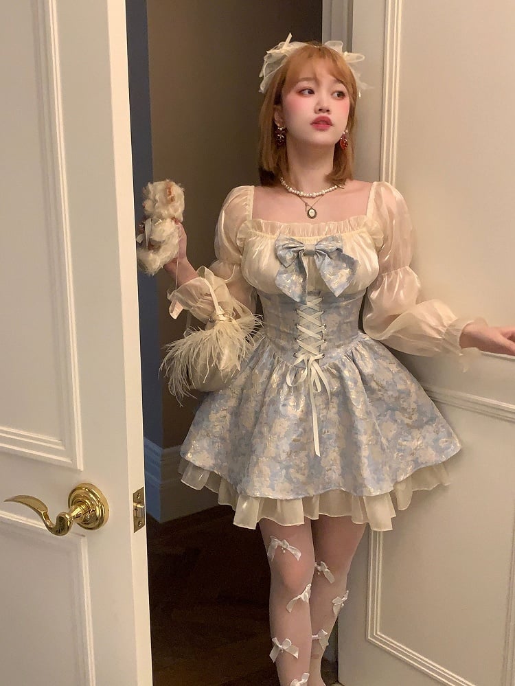 Painting Blue Waist Dress Detail Lace-Up Chiffon Oil with Shimmering Style