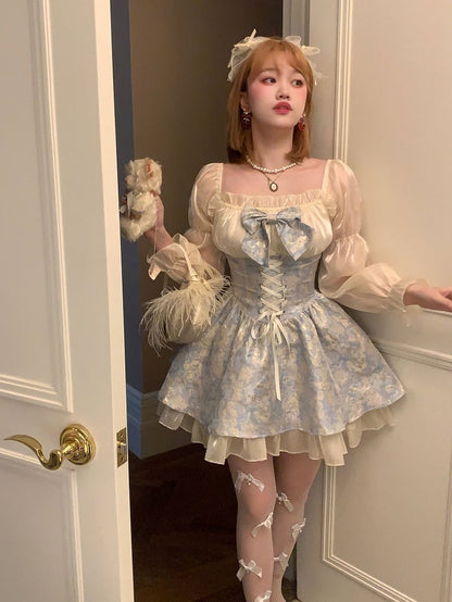 Painting Blue Waist Dress Detail Lace-Up Chiffon Oil with Shimmering Style