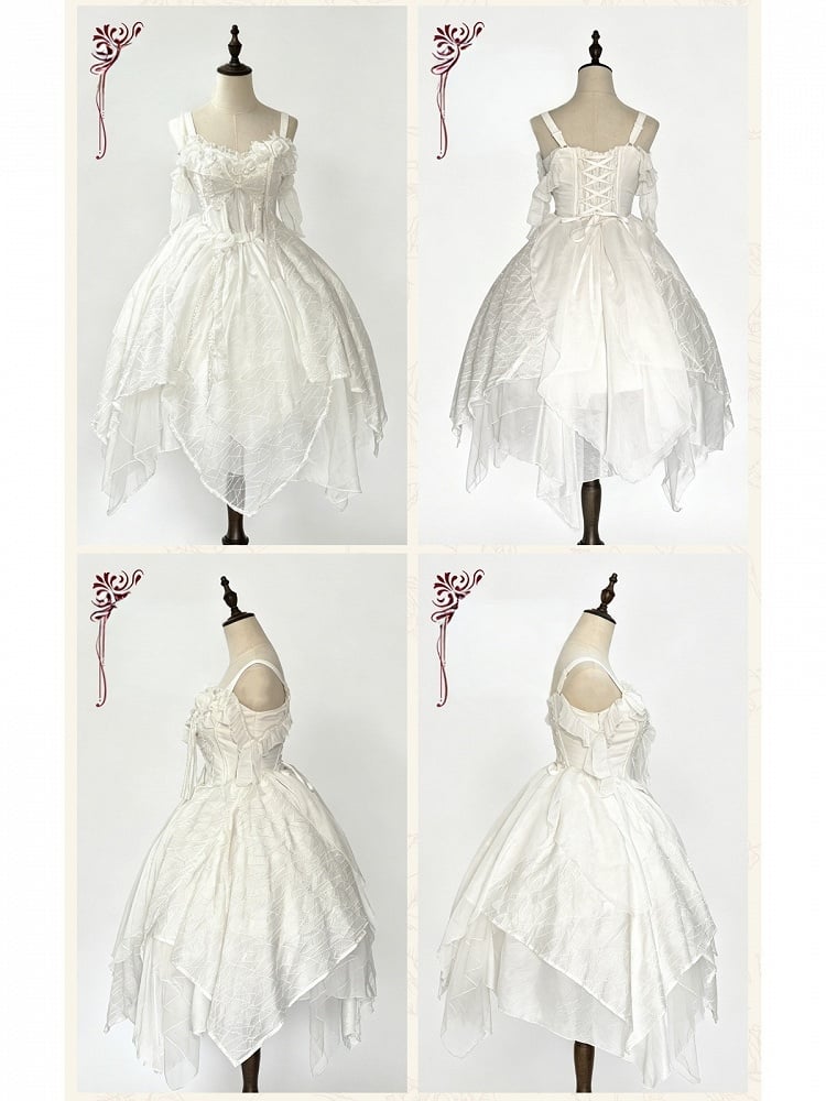 Elegant Asymmetrical Hem Bow Motif Lolita JSK Dress in White - Sweet Wood Lolita