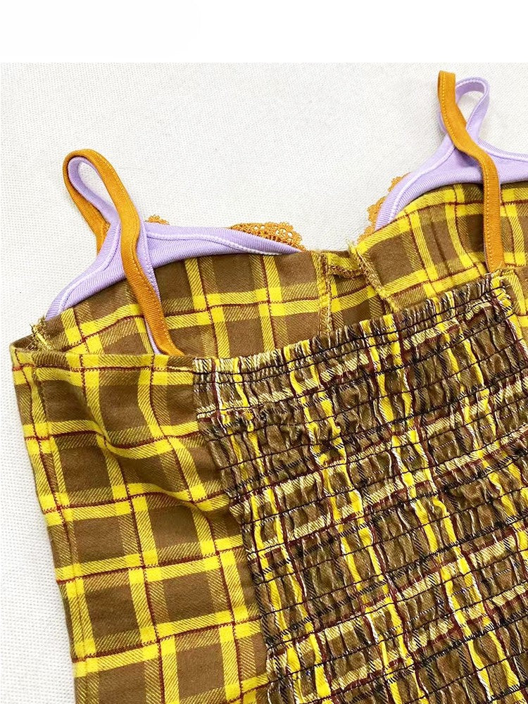 スカーフキャミトップパープルチェック柄Y2Kイエロー