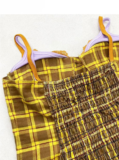 スカーフキャミトップパープルチェック柄Y2Kイエロー