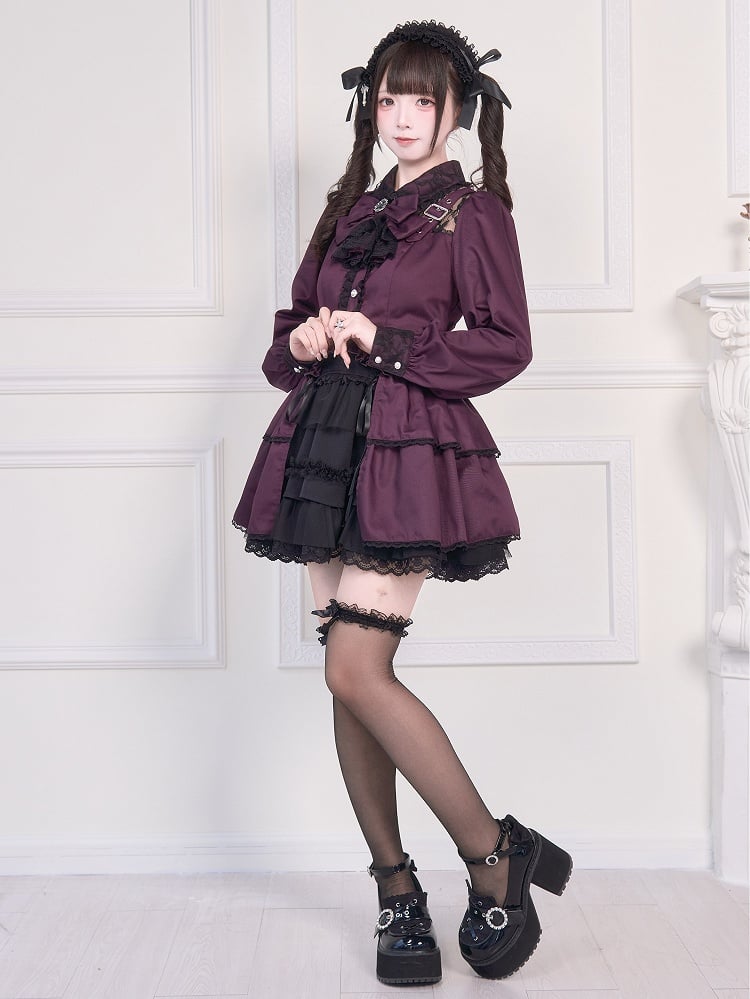 Bluse Bowknot Illusion über Jirai Ausschnitt Riemen Schnalle Lila Brosche Kei und mit