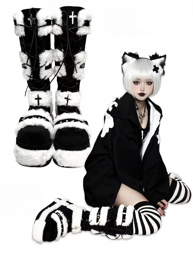 Y2K Details Dual Studded Cross Knee-High Platform Closure Accents Boots 9cm Black with -